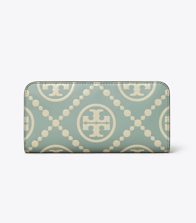 Tory Burch designer portefeuilles Portefeuille mince zippé T Monogram contrastant en relief dans Blue Celadon / New Cream de face