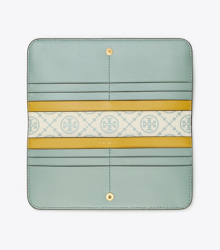 Tory Burch designer portefeuilles Portefeuille mince zippé T Monogram contrastant en relief dans Blue Celadon / New Cream vue du dessus