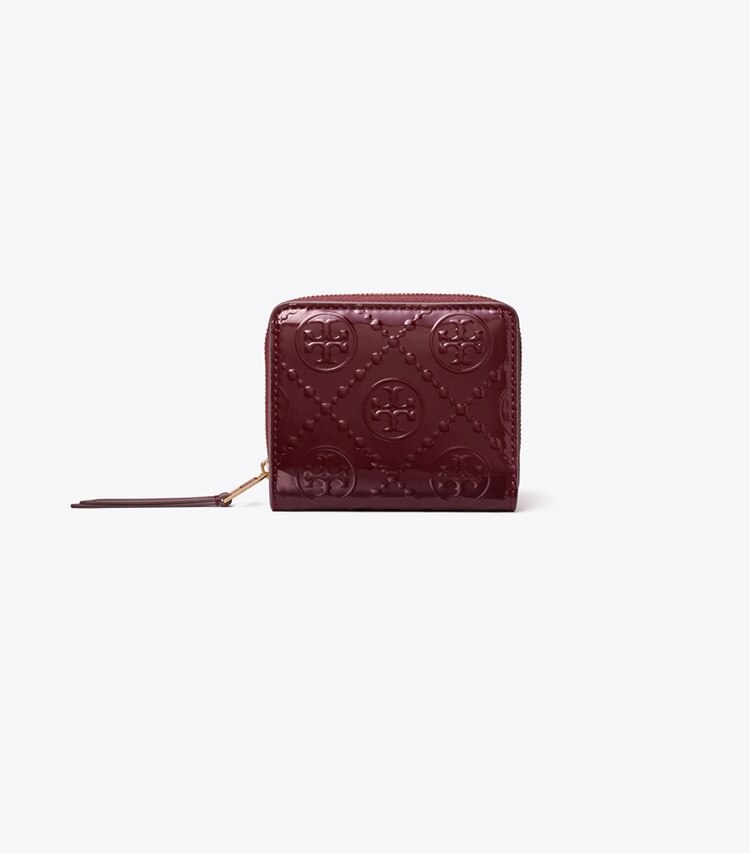 Tory Burch designer portefeuilles Portefeuille pliant T Monogram verni et gaufré dans Deep Maroon de face