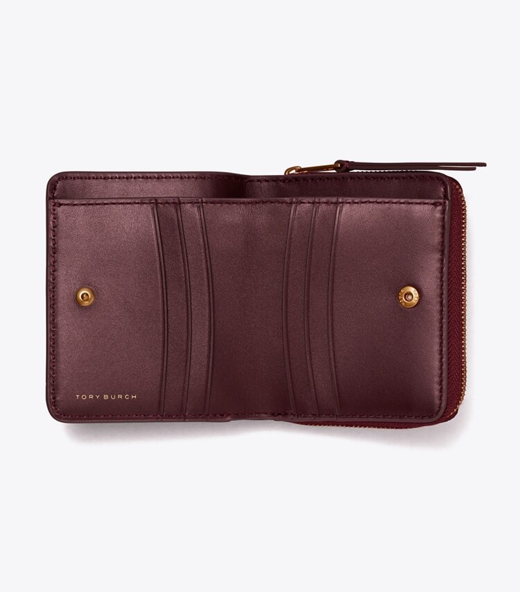 Tory Burch designer portefeuilles Portefeuille pliant T Monogram verni et gaufré dans Deep Maroon vue du dessus