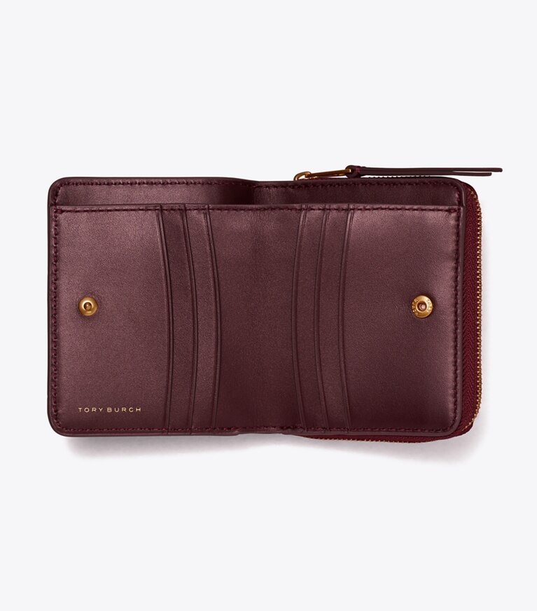 Tory Burch designer portefeuilles Portefeuille pliant T Monogram verni et gaufré dans Deep Maroon vue du dessus