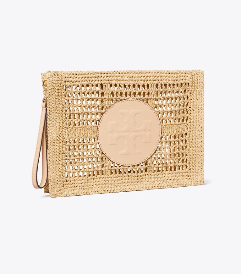 Tory Burch diseñador monederos Pouch Ella de ganchillo hecho a mano en Natural ángulo