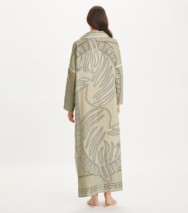 Tory Burch designer カバーアップ プリント リネンチュニック in Khaki Zebra Scarf on model back