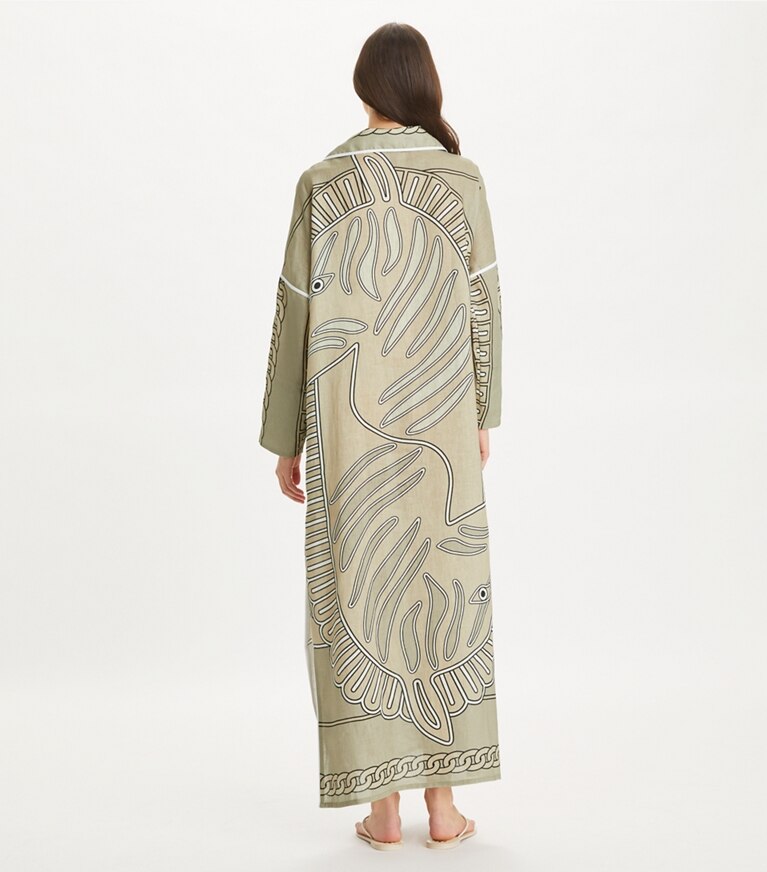 Tory Burch designer カバーアップ プリント リネンチュニック in Khaki Zebra Scarf front