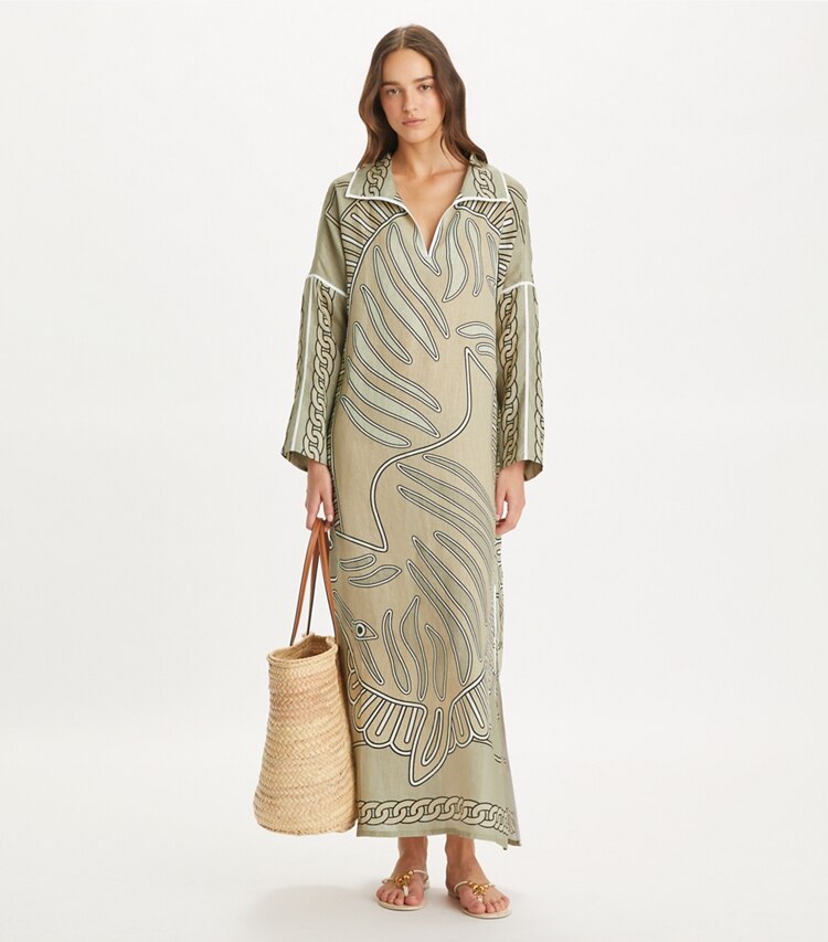 Tory Burch designer カバーアップ プリント リネンチュニック in Khaki Zebra Scarf モデル前面