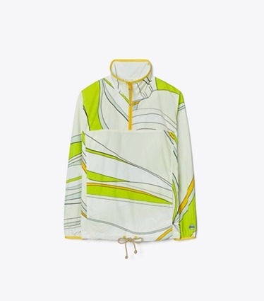 Tory Sport designer jackets Printed Anorak in Chartreuse Twisty Flower front