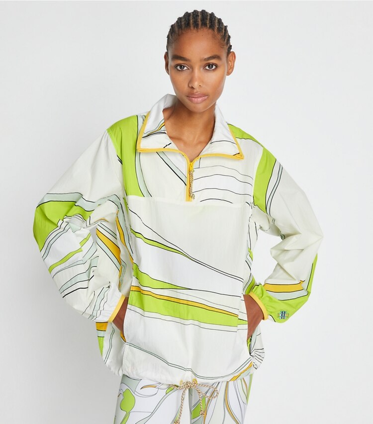 Tory Sport designer jackets Printed Anorak in Chartreuse Twisty Flower on model detail
