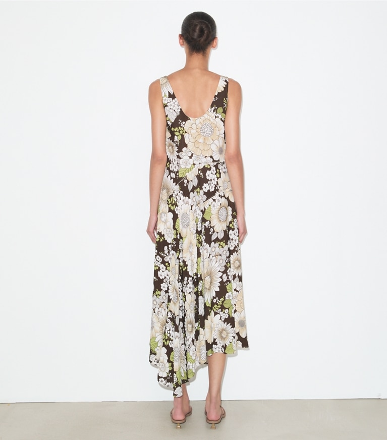 Tory Burch designer dresses Printed Asymmetric Viscose Dress in Brown Floral on model back