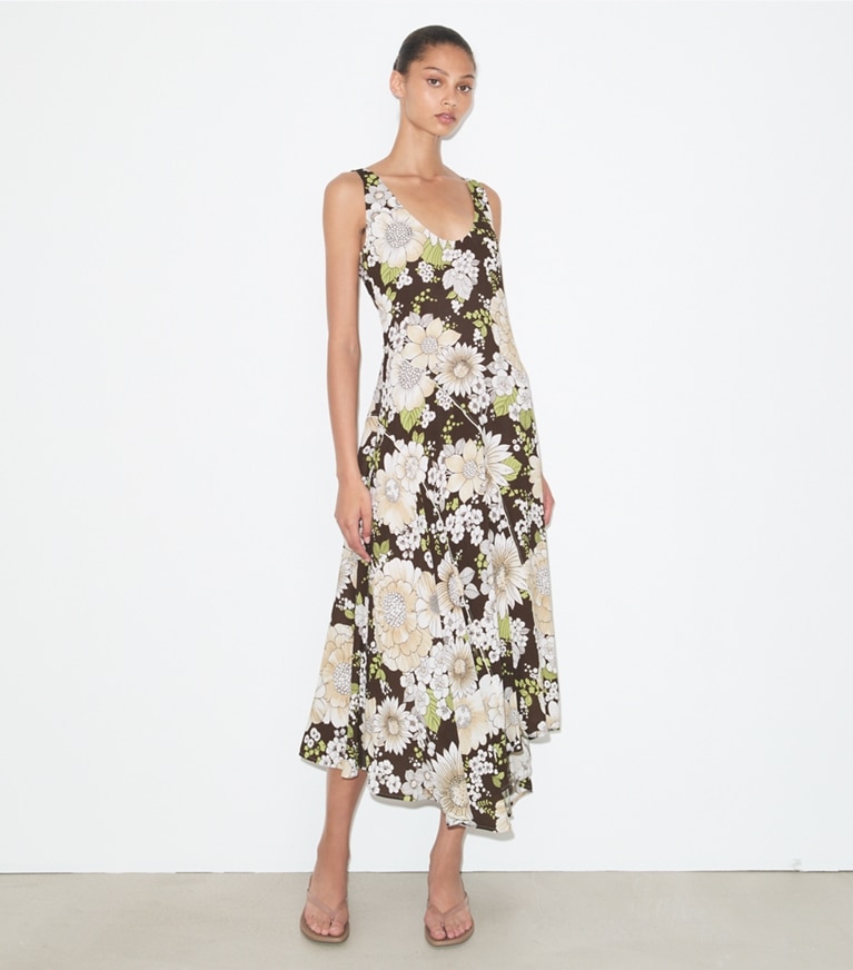 Tory Burch designer dresses Printed Asymmetric Viscose Dress in Brown Floral on model front