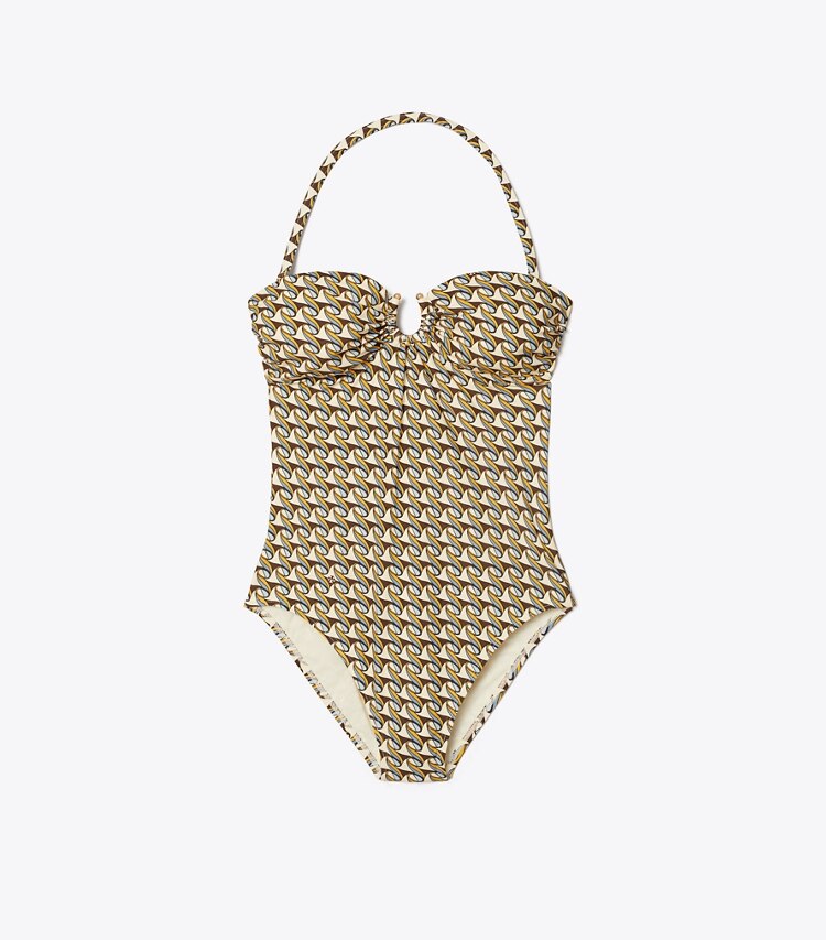 Tory Burch designer one pieces Printed Bandeau One-Piece in FRENCH CREAM RIBBON WAVE front