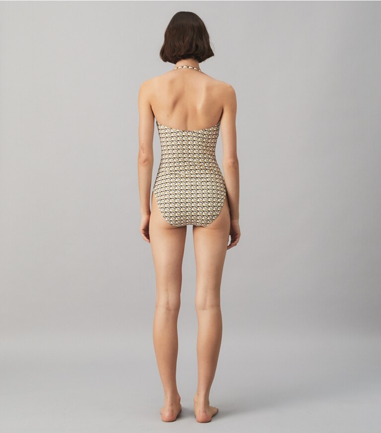 Tory Burch designer one pieces Printed Bandeau One-Piece in FRENCH CREAM RIBBON WAVE front