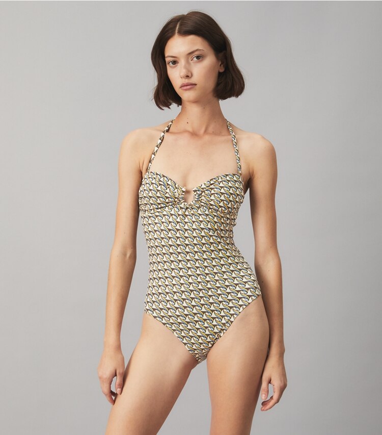 Tory Burch designer one pieces Printed Bandeau One-Piece in FRENCH CREAM RIBBON WAVE on model detail