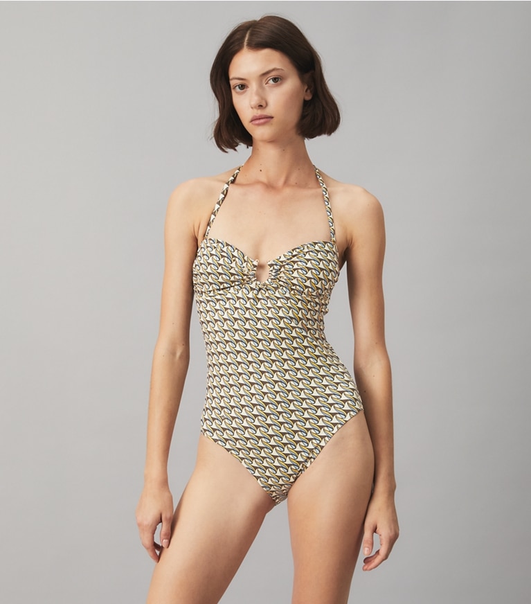 Tory Burch designer one pieces Printed Bandeau One-Piece in FRENCH CREAM RIBBON WAVE front