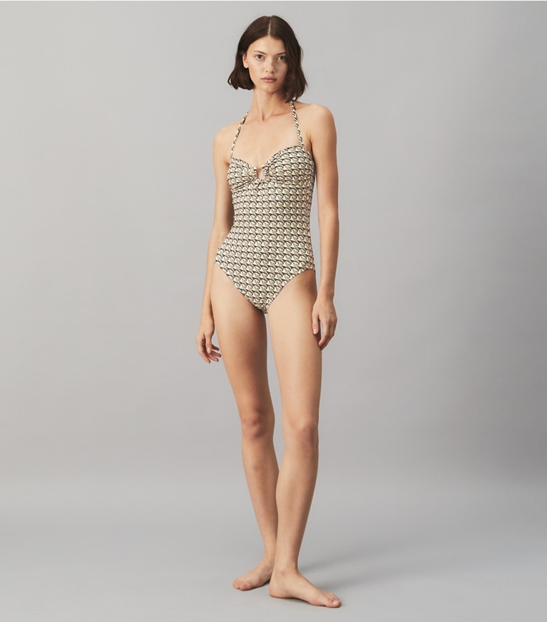 Tory Burch designer one pieces Printed Bandeau One-Piece in FRENCH CREAM RIBBON WAVE front