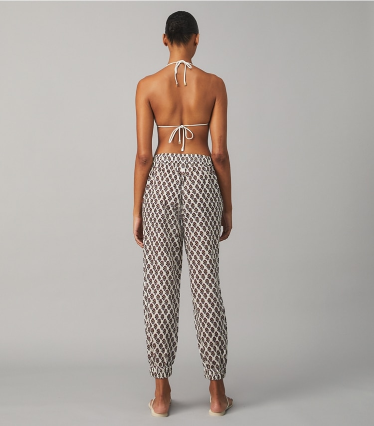 Tory Burch designer coverups Printed Beach Pant in PURPLE BLOCK-PRINT THISTLE on model back