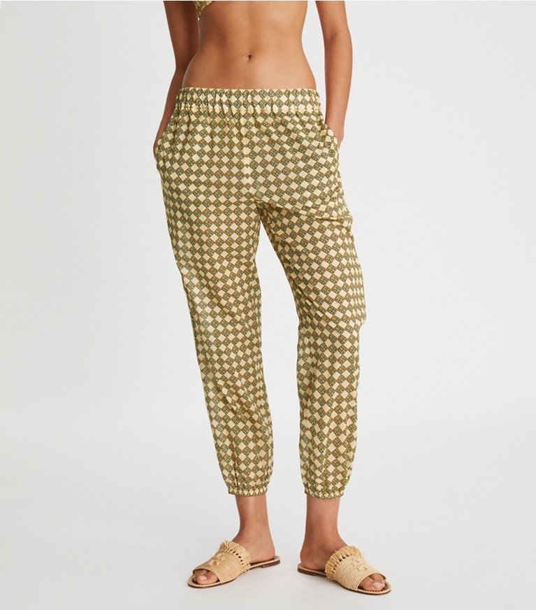 Tory Burch designer coverups Printed Beach Pant in 3D Checkered Logo Lime front