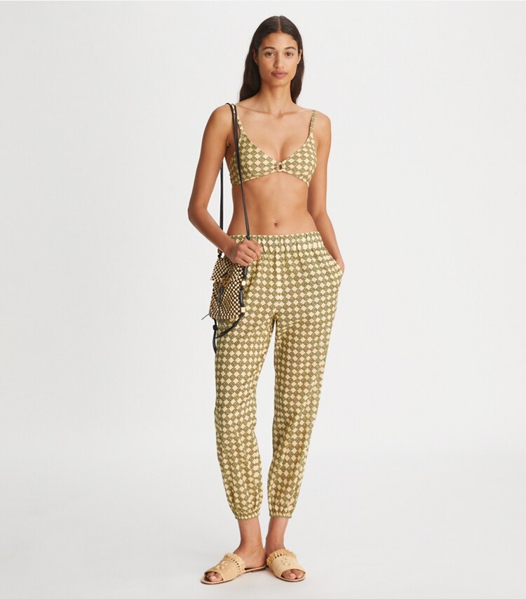 Tory Burch designer coverups Printed Beach Pant in 3D Checkered Logo Lime on model front