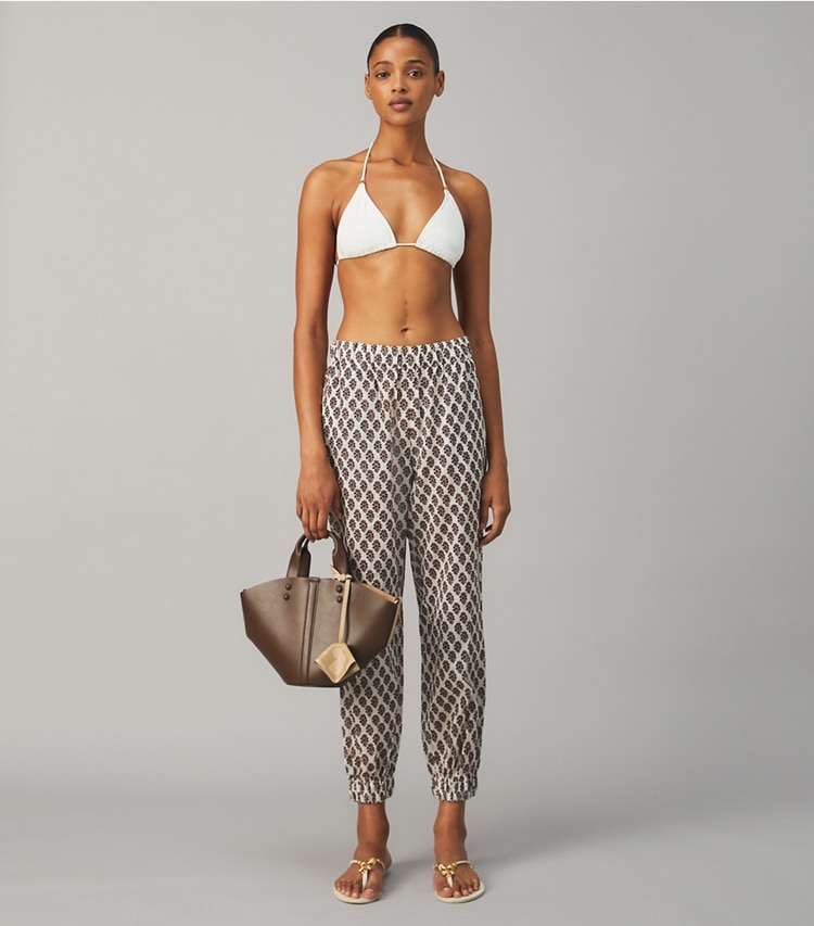 Tory Burch designer coverups Printed Beach Pant in PURPLE BLOCK-PRINT THISTLE on model front