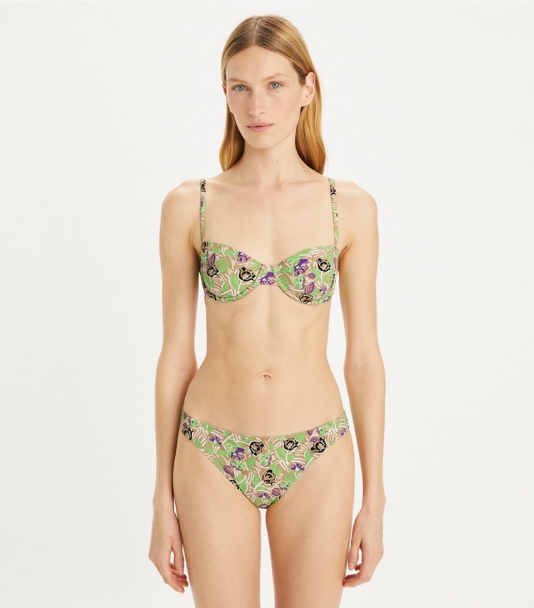 Tory Burch designer two pieces Printed Bikini Bottom in Green Scribble Floral on model detail