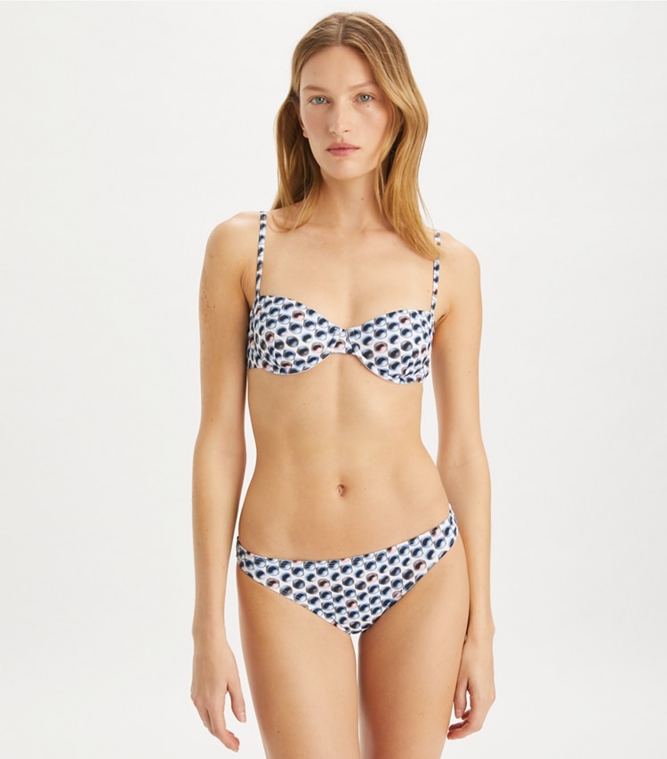 Tory Burch designer two pieces Printed Bikini Bottom in Blue Candy Dots on model detail