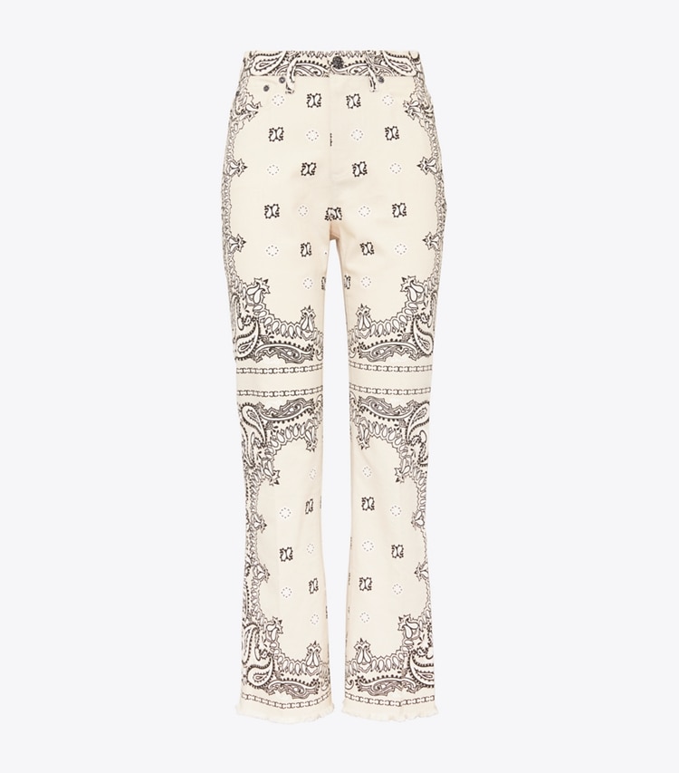 Tory Burch designer bottoms Printed Boot-Cut Denim Pant in Ivory Americana Bandana front