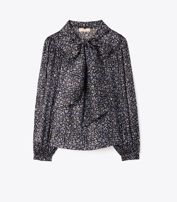 Tory Burch designer tops Printed Bow Blouse in Midnight Teapot front