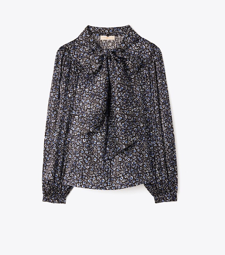 Tory Burch designer tops Printed Bow Blouse in Midnight Teapot front