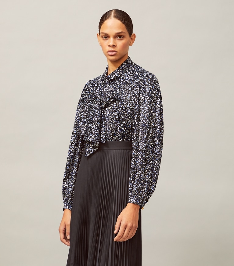Tory Burch designer tops Printed Bow Blouse in Midnight Teapot front