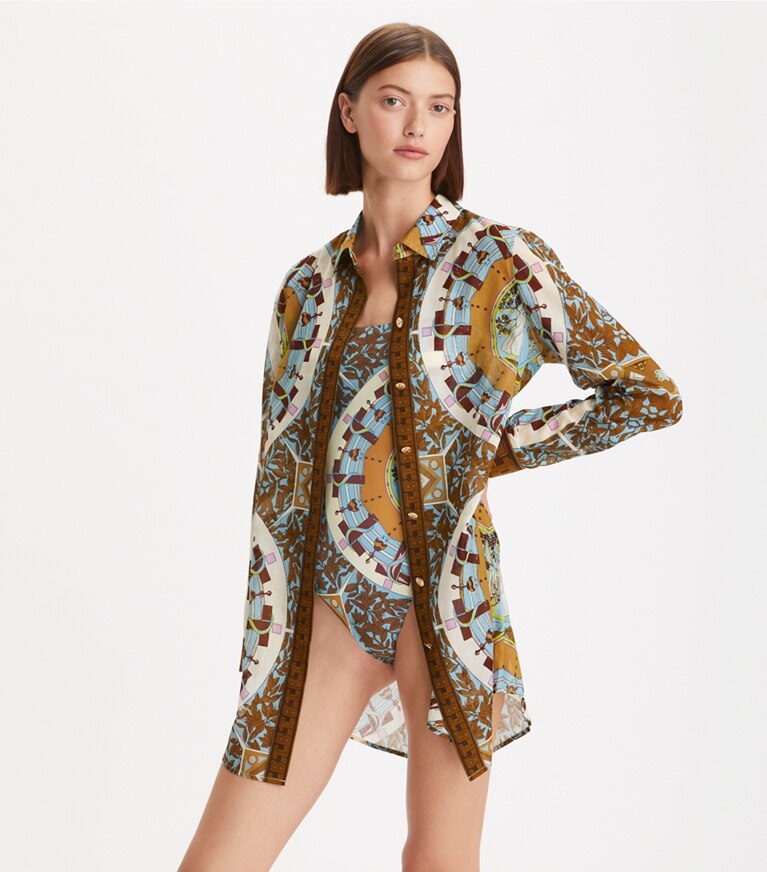 Tory Burch designer coverups Printed Brigitte Beach Shirt in T Garden front
