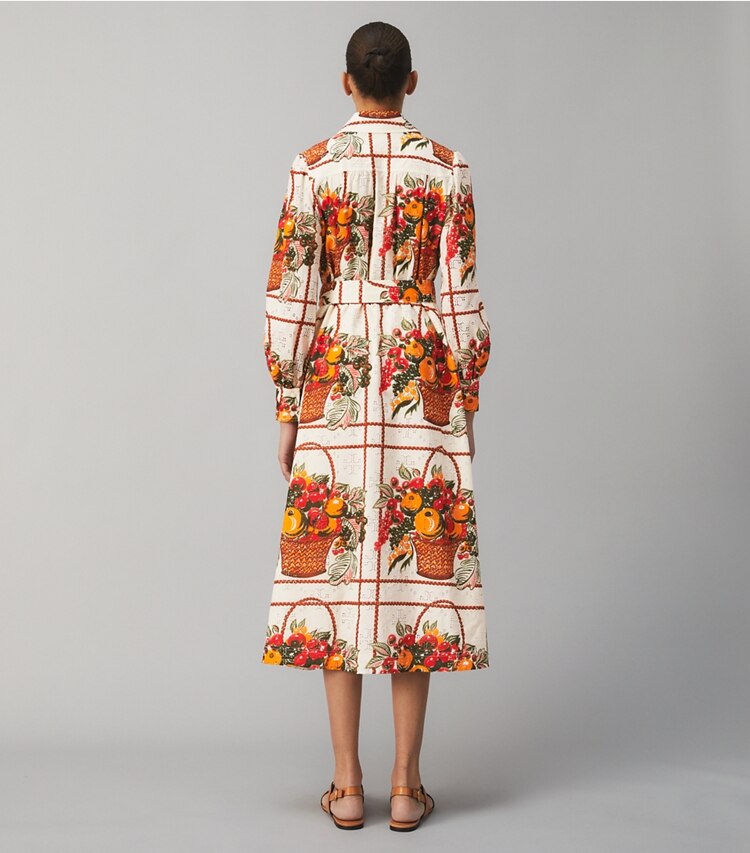 Tory Burch designer dresses Printed Broderie Anglaise Painter's Dress in Fruit Basket on model back