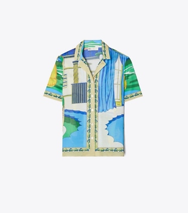 Tory Burch designer coverups Printed Camp Shirt in Green Pool front