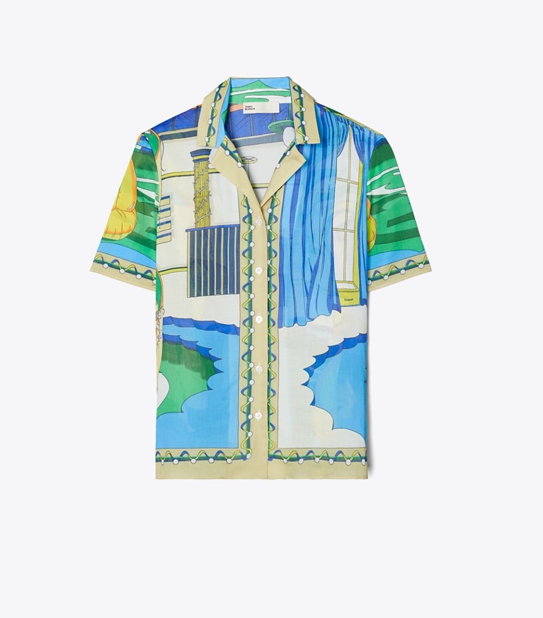 Tory Burch designer coverups Printed Camp Shirt in Green Pool front
