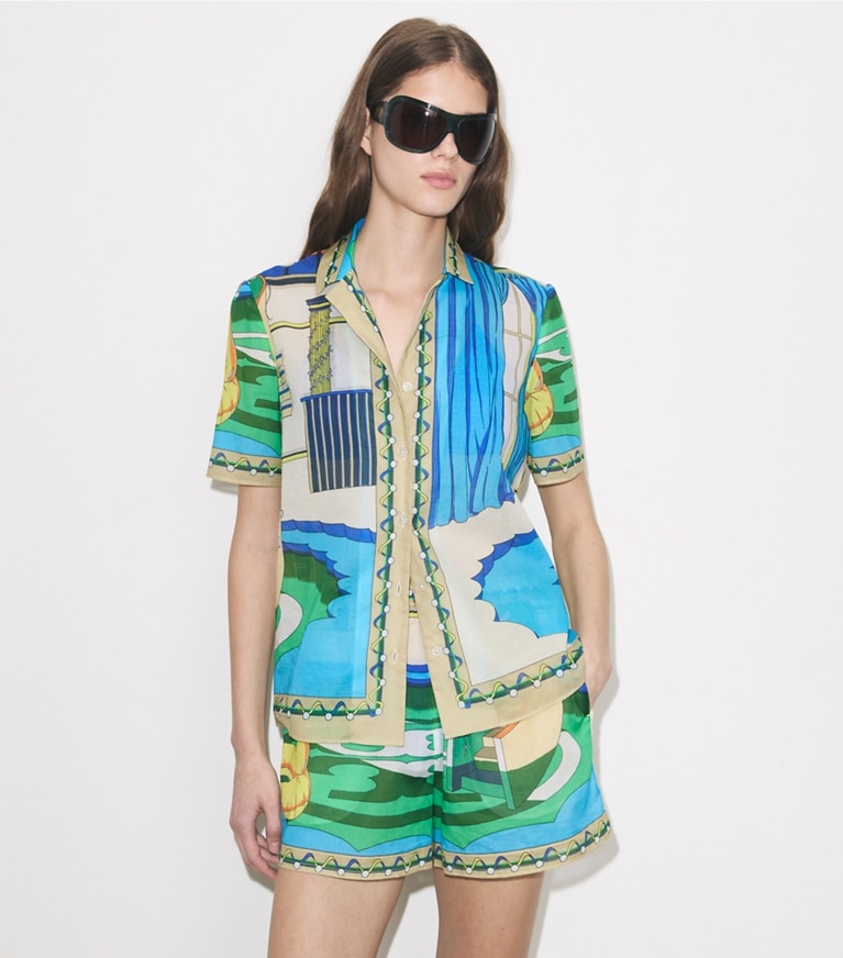 Tory Burch designer coverups Printed Camp Shirt in Green Pool on model detail