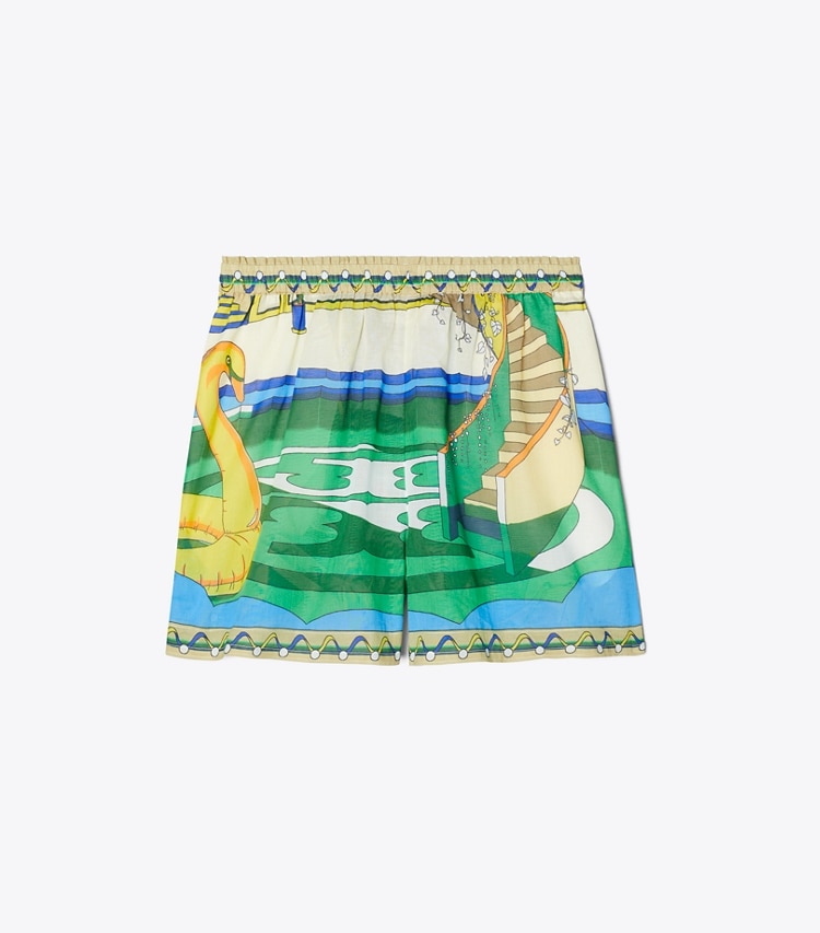 Tory Burch designer coverups Printed Camp Shorts in Green Pool front