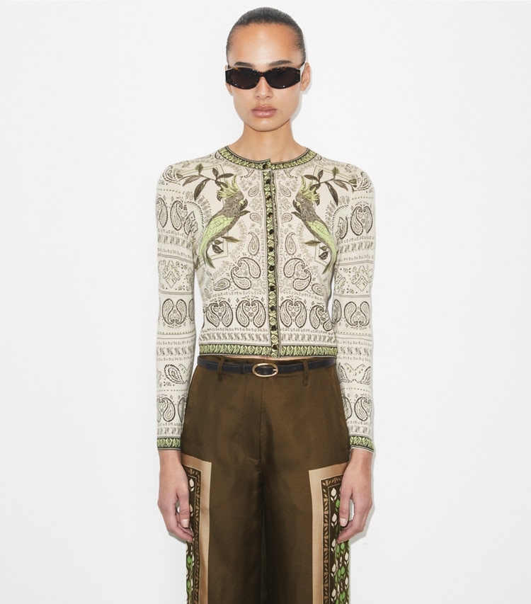 Tory Burch designer sweaters Printed Cashmere Cardigan in Light Ivory / Mint Cockatoo on model detail