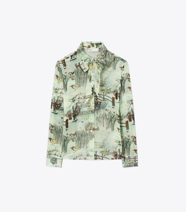 Tory Burch designer tops Printed Chiffon Bow Blouse in Yellow Forest front