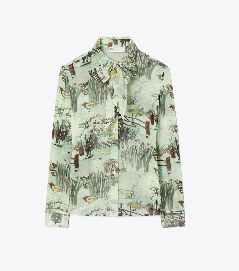Tory Burch designer tops Printed Chiffon Bow Blouse in Yellow Forest front