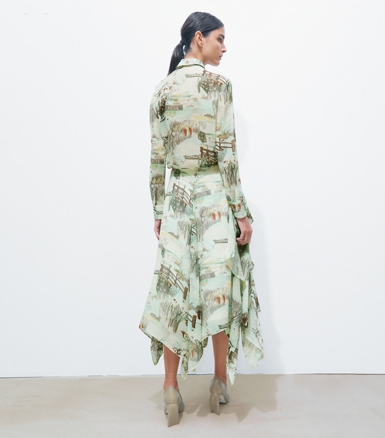 Tory Burch designer tops Printed Chiffon Bow Blouse in Yellow Forest on model back