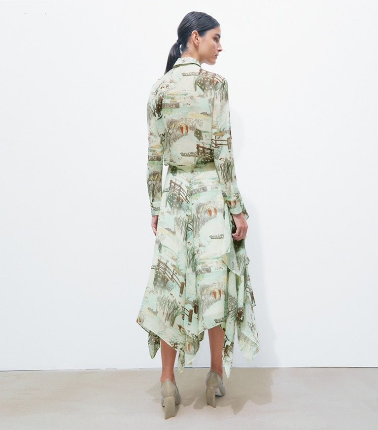 Tory Burch designer tops Printed Chiffon Bow Blouse in Yellow Forest on model back