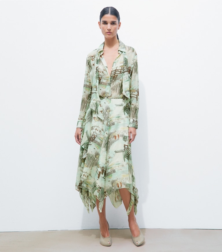 Tory Burch designer tops Printed Chiffon Bow Blouse in Yellow Forest on model front