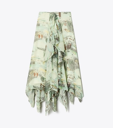 Tory Burch designer bottoms Printed Chiffon Skirt in Yellow Forest front