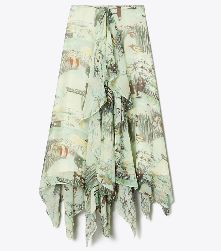 Tory Burch designer bottoms Printed Chiffon Skirt in Yellow Forest front