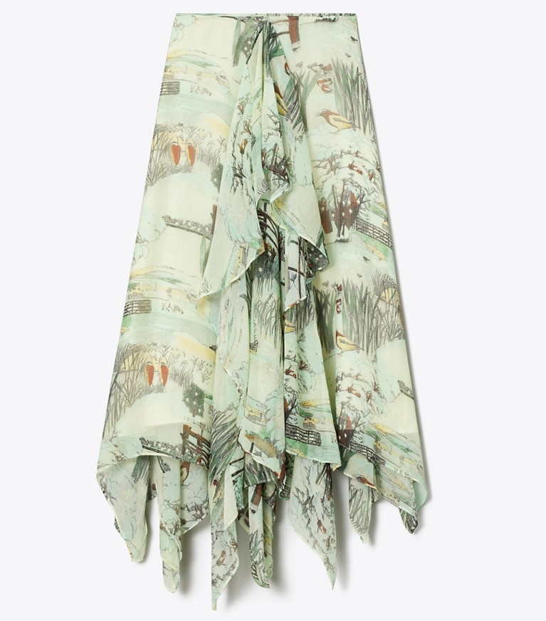 Tory Burch designer bottoms Printed Chiffon Skirt in Yellow Forest front