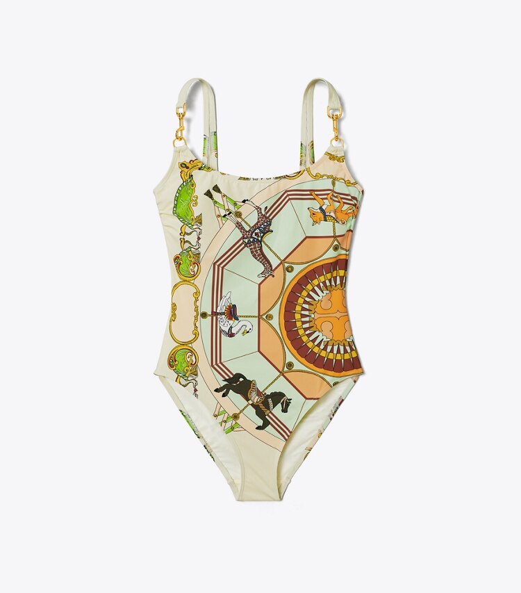Tory Burch designer one pieces Printed Clip Tank Swimsuit in French Cream front