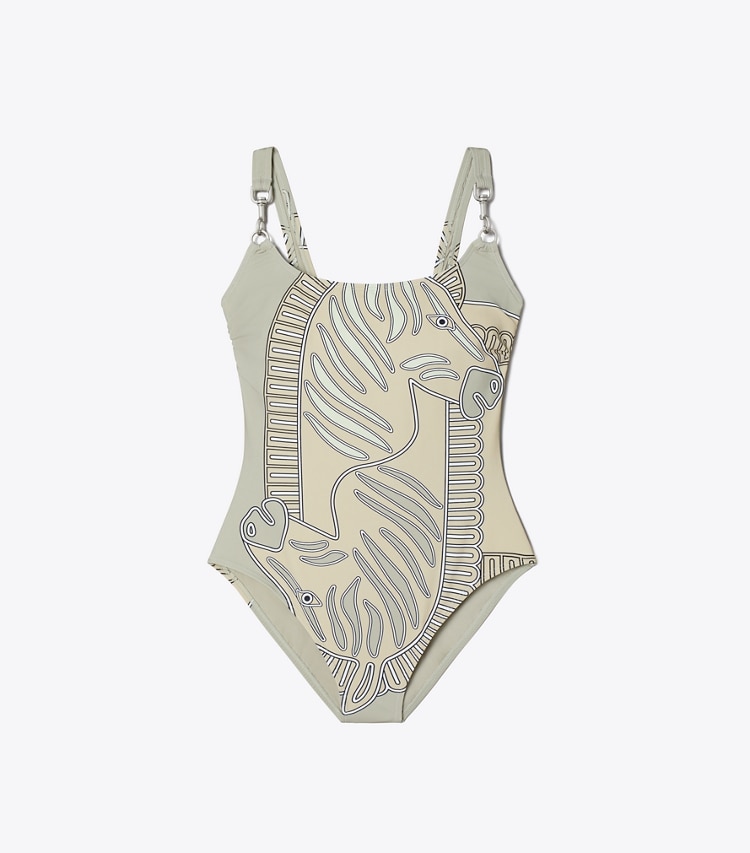 Tory Burch designer one pieces Printed Clip Tank Swimsuit in Khaki Zebra Scarf front