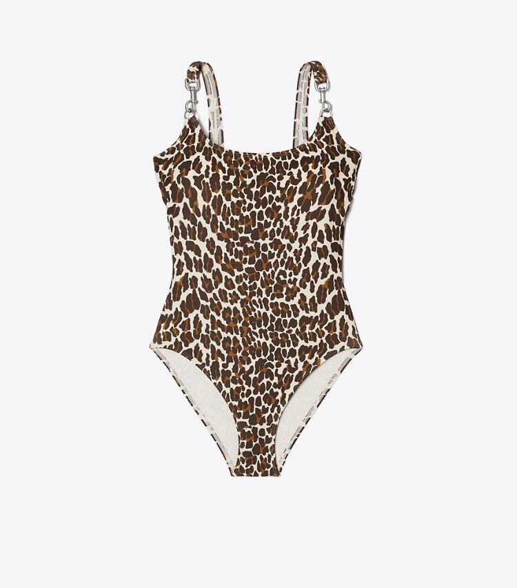 Tory Burch designer one pieces Printed Clip Tank Swimsuit in Reva Leopard front
