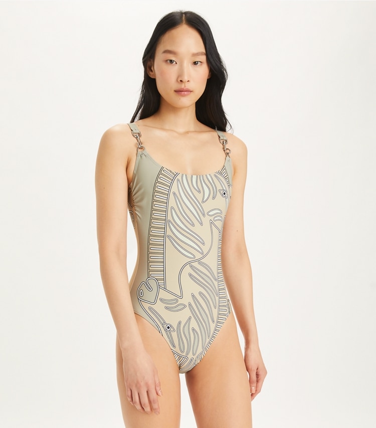 Tory Burch designer one pieces Printed Clip Tank Swimsuit in Khaki Zebra Scarf on model detail