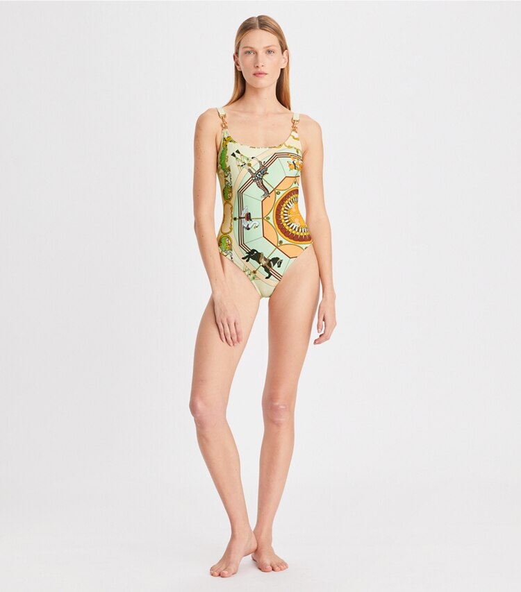 Tory Burch designer one pieces Printed Clip Tank Swimsuit in French Cream on model front