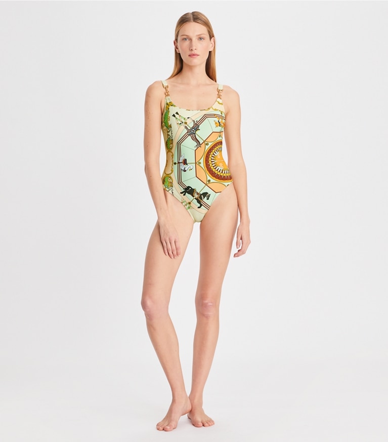 Tory Burch designer one pieces Printed Clip Tank Swimsuit in French Cream front
