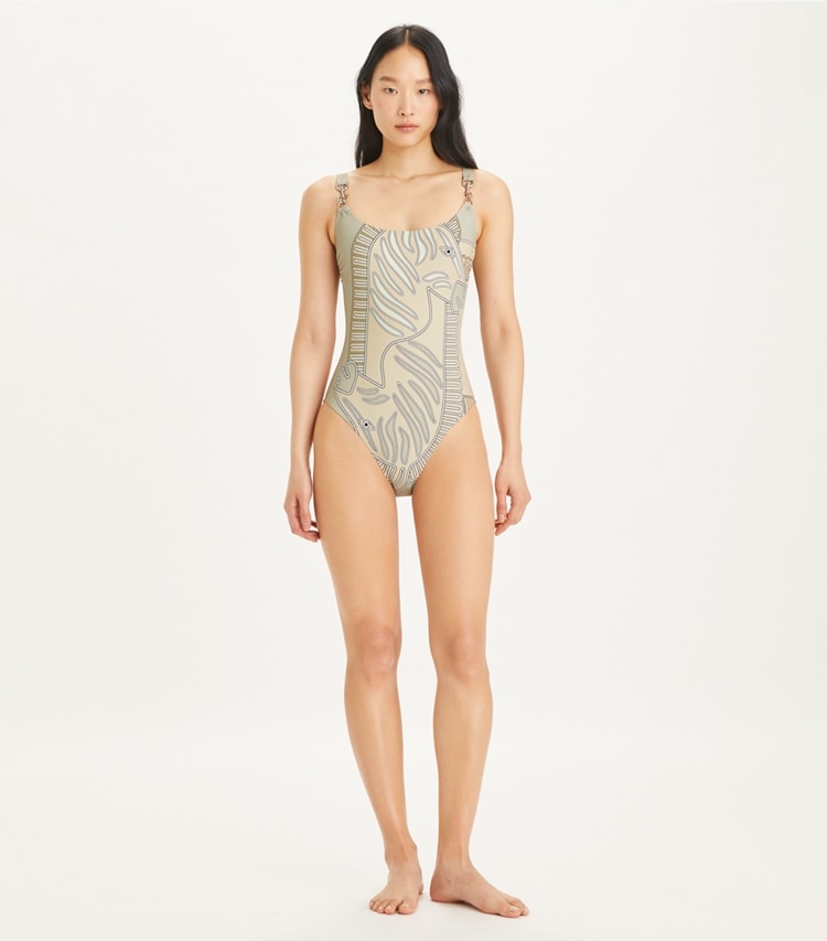 Tory Burch designer one pieces Printed Clip Tank Swimsuit in Khaki Zebra Scarf on model front